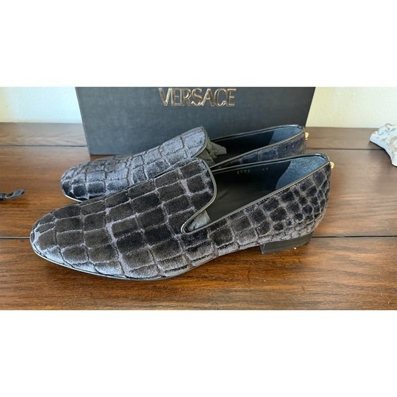 Versace 1003792‎ Men\'s Gray Velvet Croc-embossed Slippers Shoes, 45 main image 11